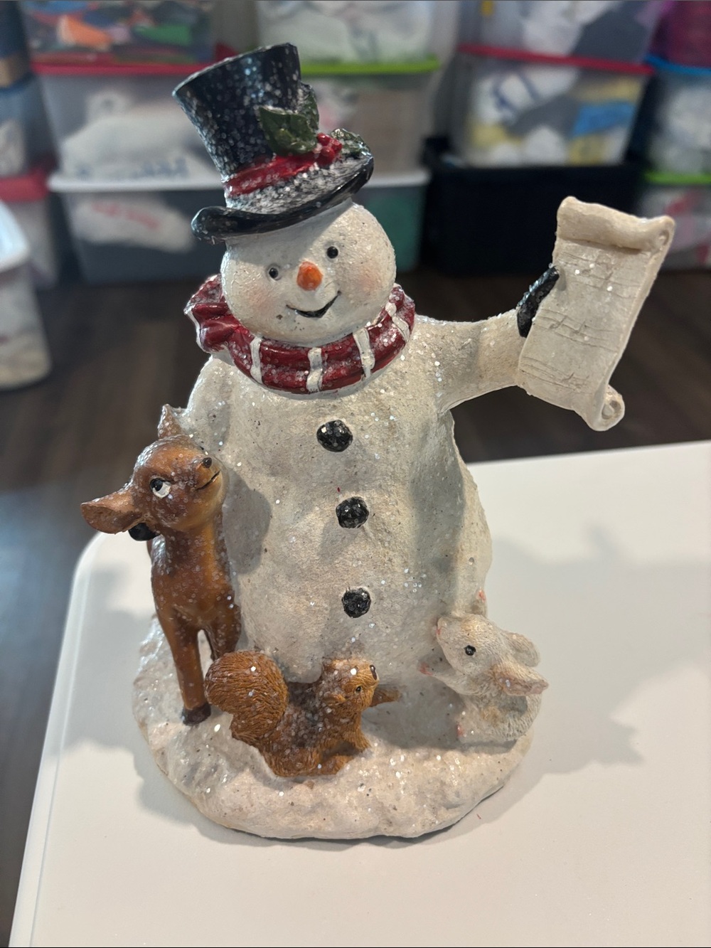 Festive White Snowman Figurine with Red Scarf and Black Top Hat